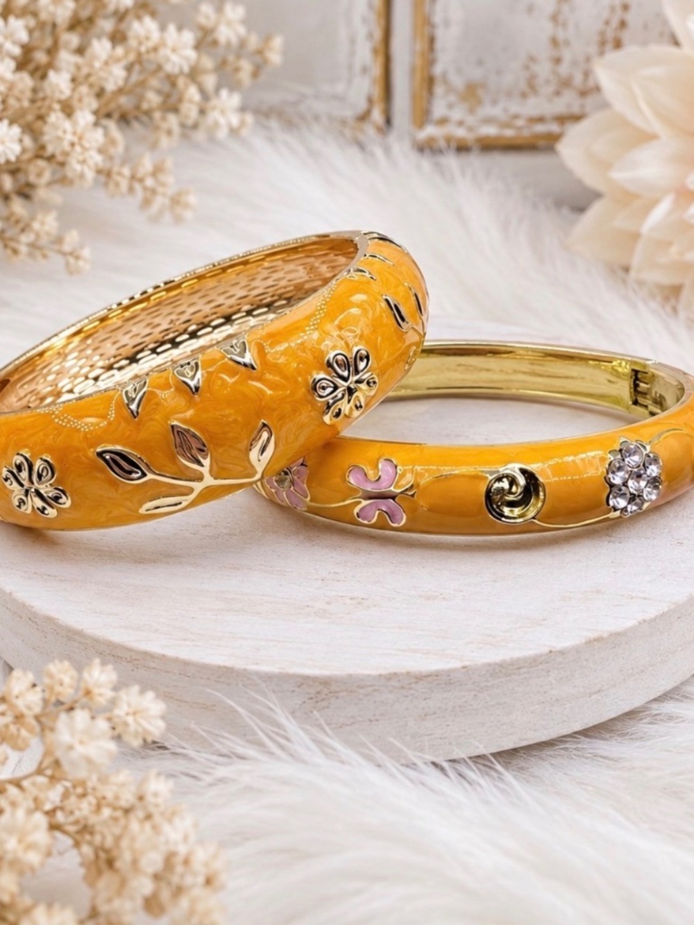 Fall Orange Enamel Floral Gold Tone Hinged Bangle Bracelet Set